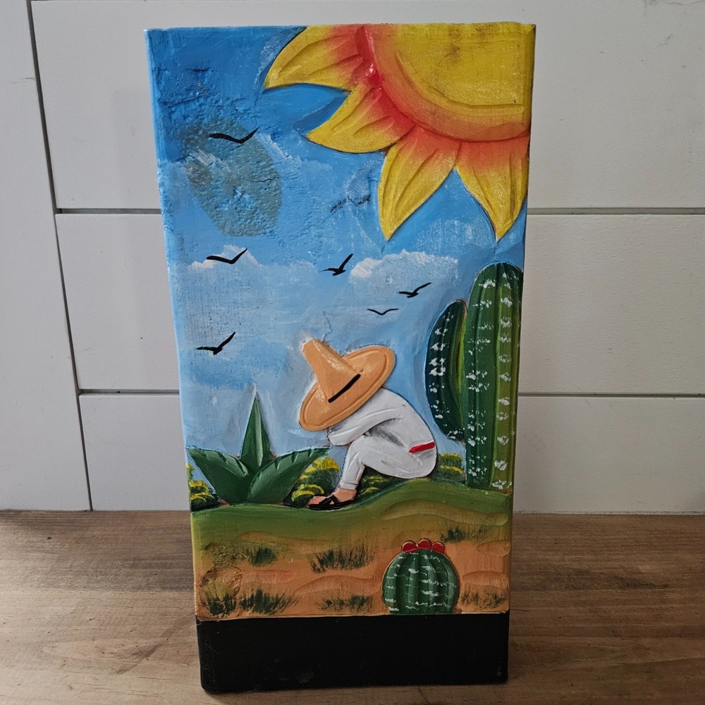 VTG Hand Painted Wooden Paper Towel Holder Southwestern Mexican Folk Art Cactus